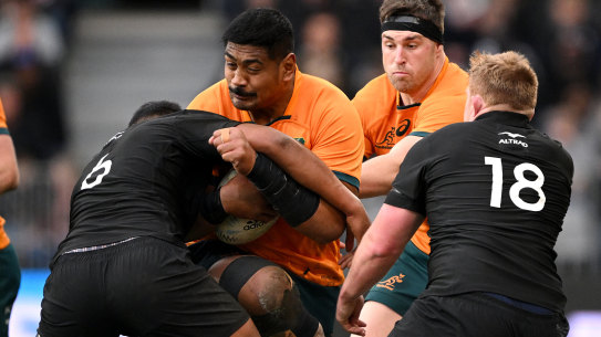 Will Skelton charges into the All Blacks’ defensive line.