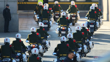 A Chinese motorcade enters Beijings station to escort North Korean leader Kim Jong-un.