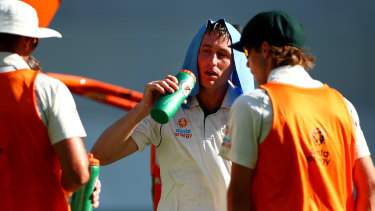 Thirsty work: Marnus Labuschagne during the first session on Thursday.