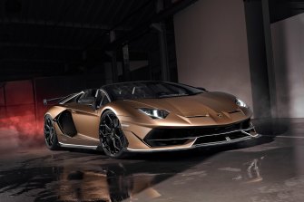 Going electric: Lamborghini will offer will offer plug-in hybrid versions of its Aventador SVJ Roadster within three years.