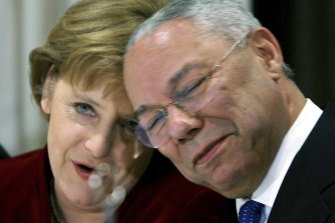 German Chancellor Angela Merkel and Colin Powell during a reception in Washington DC in 2006.