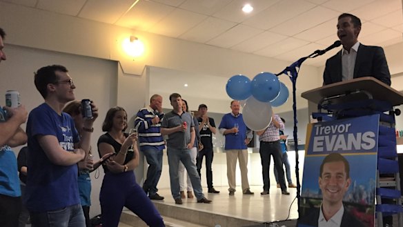 Trevor Evans makes his victory speech on Saturday night at the May 18, 2019 election.