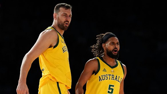 Andrew Bogut (left) and Patty Mills during last week's breakthrough victory over the US.