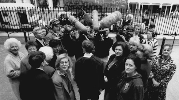 Beryl Evans, Dorothy Isaacson, Helen Sham-Ho, Meredith Burgman, Patricia Forsyth, Franca Arena, Anne Symonds, Delcia Kite, and Judith Walker walk out of the parliamentary debate on the Rev. Fred Nile's anti-abortion bill.
