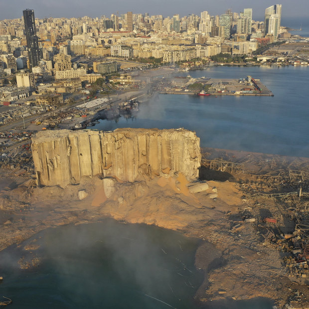 A drone picture shows the scene of an explosion that hit the seaport of Beirut, Lebanon, Wednesday, Aug. 5, 2020