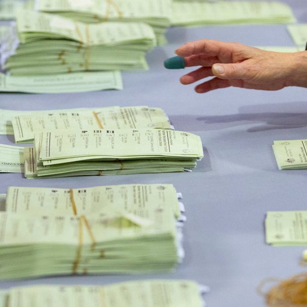 Scrutineers oversee AEC staff conducting a recount in Bradfield.