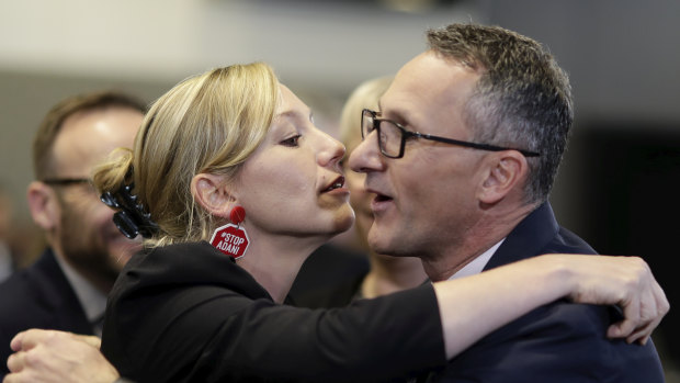 Senator Larissa Waters with Greens leader Senator Richard Di Natale during his address to the National Press Club in Canberra on Wednesday. 