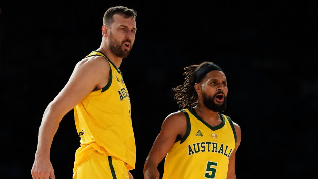 Andrew Bogut (left) and Patty Mills during last week's breakthrough victory over the US.