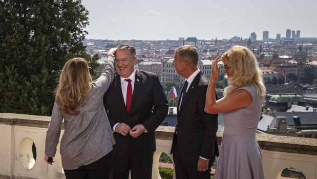 US Secretary of State Mike Pompeo, his wife Susan Pompeo (left), Prime Minister of the Czech Republic Andrej Babis (right) and and his wife Monika Babis pose in Prague, Czech Republic. 