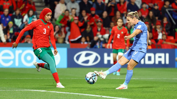 Eugenie Le Sommer scores France’s third goal.