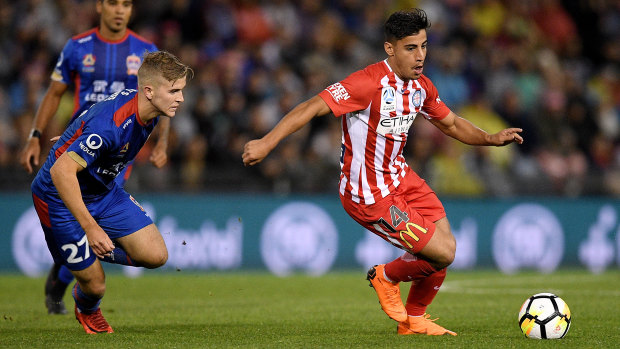 Touch of class: City's Daniel Arzani on the ball during the A-League semi-final against the Jets in Newcastle.