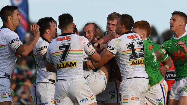 Heated: A melee breaks out between Penrith and the Raiders.