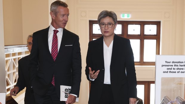 International editor Peter Hartcher and Senator Penny Wong at the launch of Hartcher’s book, Red Zone: China’s Challenge and Australia’s Future, at the Museum of Australian Democracy (Old Parliament House) on Wednesday.
