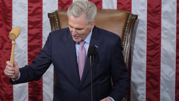 Newly minted Speaker Kevin McCarthy gavels the House to adjournment for the day at the US Capitol in Washington on Saturday.
