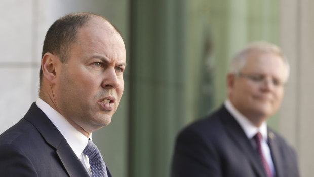 Treasurer Josh Frydenberg, who is on the Victorian Liberal Party's administrative committee, with Prime Minister Scott Morrison.