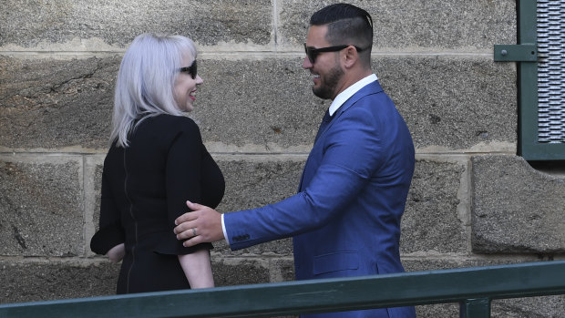 Salim Mehajer is greeted by his lawyer Zali Burrows outside Cooma Correctional Centre on Tuesday.