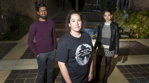 The ANU postgraduate and research student association (PARSA) says more needs to be done to keep students safe on campus. (From left) International officer Harish Chakravarthy, president Alyssa Shaw and women's officer Emma Davies.