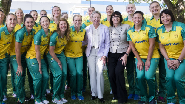 Sports minister Bridget McKenzie and Sport Australia boss Kate Palmer with the Australian netball team.