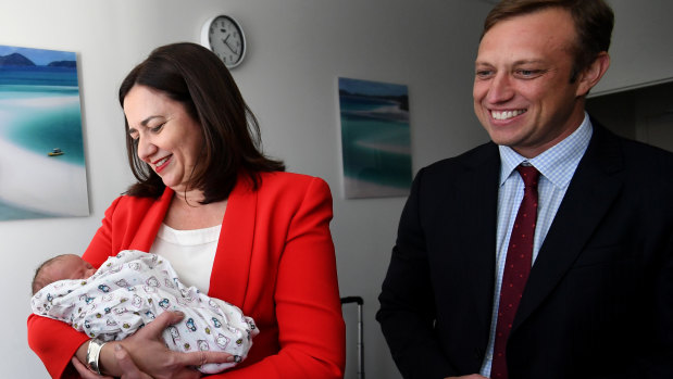 Premier Annastacia Palaszczuk and Health Minister Steven Miles with five-millionth Queenslander Elizabeth Mackenzie.