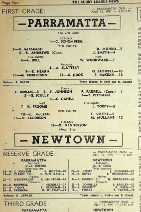 The line-ups from Parramatta’s first game, against Newtown, in in 1947.