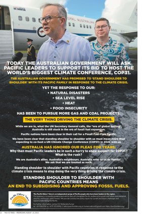 An ad placed in The Fiji Times newspaper by the group Pacific Elders’ Voice to coincide with a visit by Australian Climate Minister Chris Bowen this week.