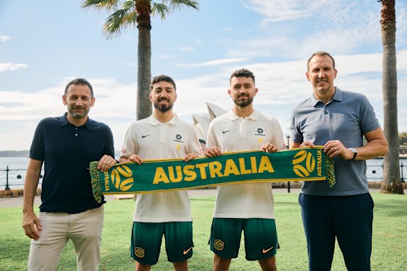 Current Socceroos Jacob Italiano and Patrick Yazbek (middle) with golden generation legends Josip Skoko and Mark Schwarzer.