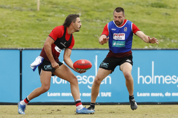 St Kilda's Ben Long (left) with skipper Jarryn Geary at training.