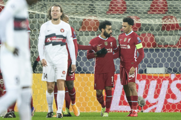 Liverpool's Mohamed Salah celebrates his goal against Midtjylland.