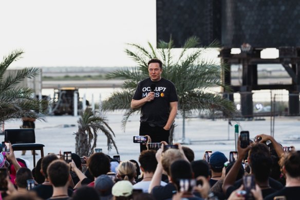Elon Musk speaking at the SpaceX facility in Boca Chica, Texas, in August.