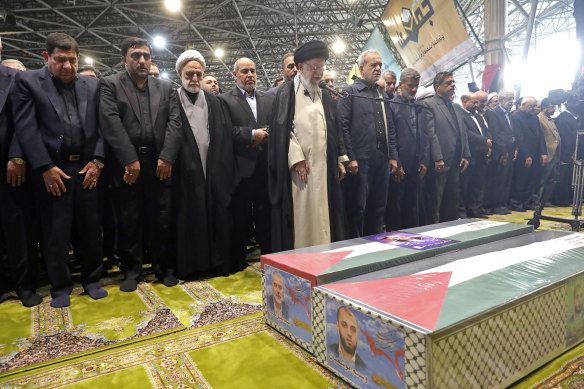 Iranian Leader Ali Khamenei attends the funeral prayer of the Hamas political chief Ismail Haniyeh.