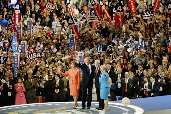 George W. Bush, Laura Bush, Dick Cheney with his wife Lynne Cheney at the 2004 Republican National Convention at Madison Square Garden in New York.