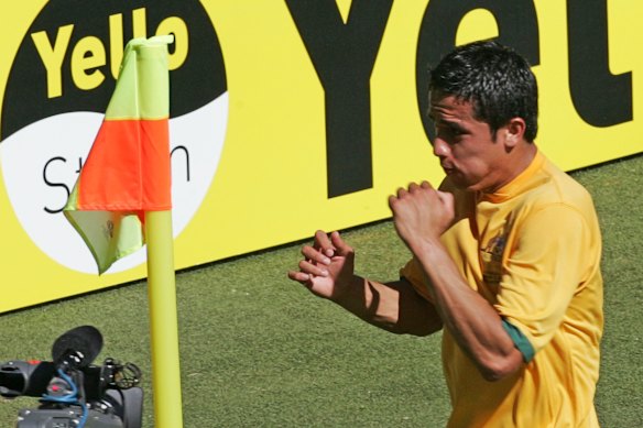 Australia’s Tim Cahill celebrates after scoring their first goal against Japan at the FIFA World Cup 2006.