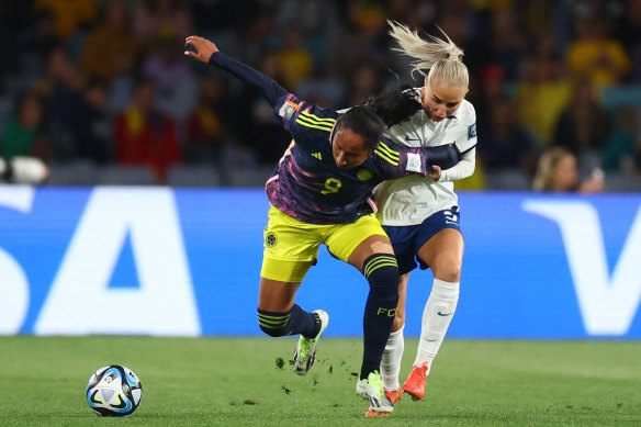 Colombia’s Mayra Ramirez in action with England’s Alex Greenwood.