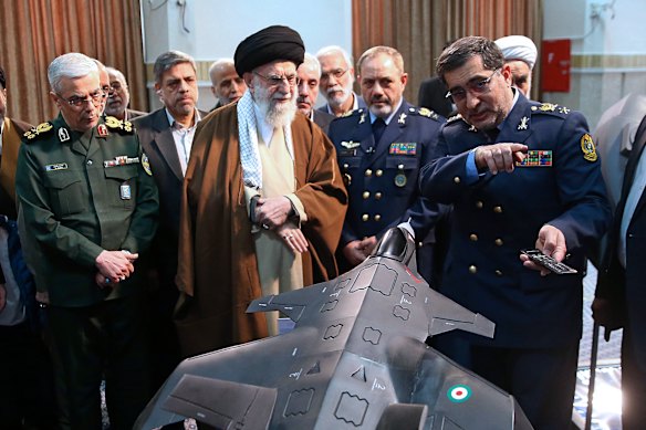 Iran Supreme Leader Ayatollah Ali Khamenei, centre, with Chief of the General Staff of Armed Forces general Mohammad Hossein Bagheri, left, and Defence Minister Aziz Nasirzadeh, second right, in Tehran in February.