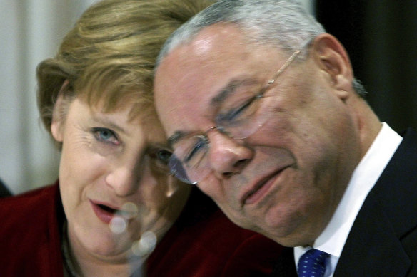 German Chancellor Angela Merkel and Colin Powell during a reception in Washington DC in 2006.