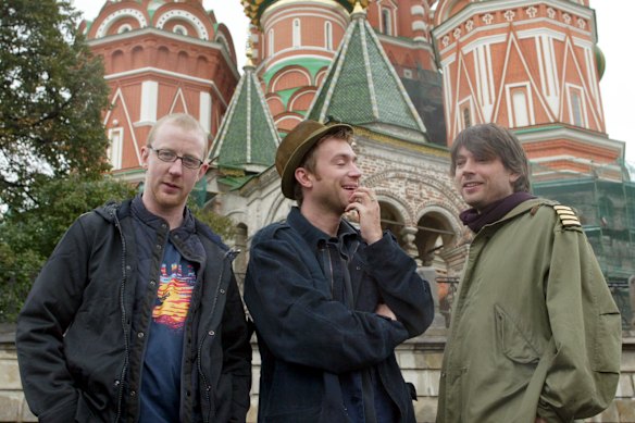 Rowntree, left, with Damon Albarn and Alex James in Moscow in 2003.