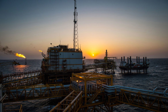An offshore oil platform in the Persian Gulf’s Salman Oil Field, operated by the National Iranian Offshore Oil Co. Iran is a major oil producer and reportedly backs the Hamas terrorist group that launched last weekend’s offensive on Israel.