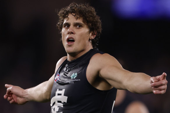 Charlie Curnow after booting a goal.