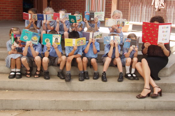 Back in her teaching days: Gabbie Stroud with her kindergarten class at St Patrick's, Bega.