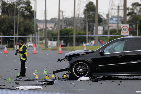 Police at the scene of a fatal collision in Thomastown on Sunday morning.