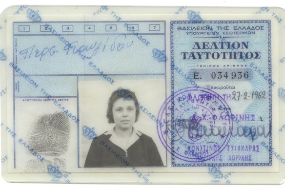 Persafoni Pavlidis, Jim Pavlidis’ mother, pictured in her photo ID in 1962, the year before she left Greece for Melbourne on the ship Patris.