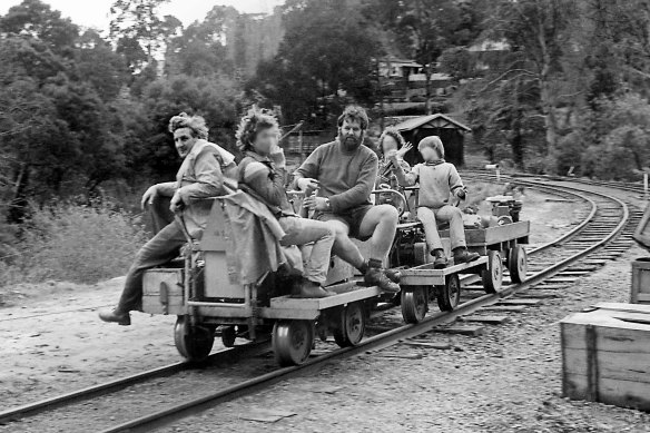 Convicted sex offenders Robert Whitehead (left) and Anthony Hutchins (right) with young volunteers at Puffing Billy in 1979.