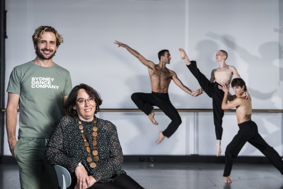 Sydney Dance Company’s executive director Lou Oppenheim with rehearsals director Richard Cilli and dancers Davide di Giovanni, Jesse Scales and Rhys Kosakowski.
