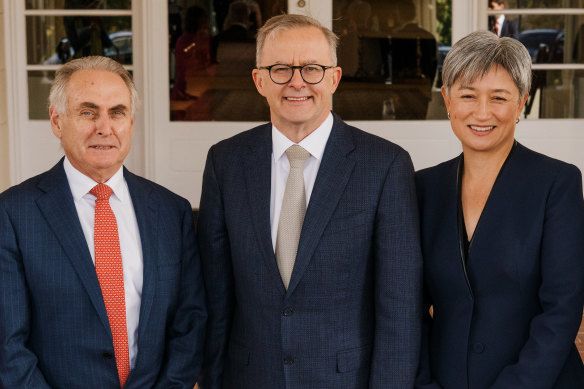 Don Farrell and Penny Wong flank Prime Minister Anthony Albanese after they are sworn into the ministry. 