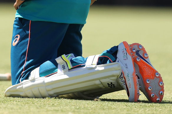 Usman Khawaja wore slogan-emblazoned shoes during an Australian nets session at the WACA on Tuesday.