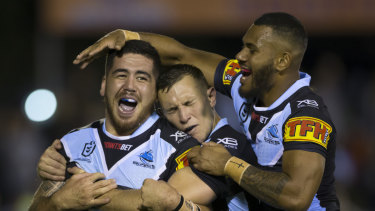 Sharks rookie prop Braden Hamlin-Uele's (left) favourite moment in the NRL remains the hit-up he took in his first Dragons' derby. 