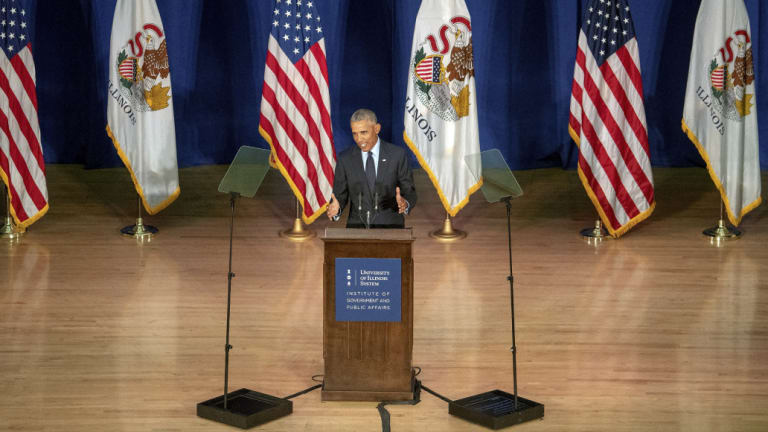 Former US president Barack Obama was at the University of Illinois to receive a medal for the Paul H. Douglas Award for Ethics in Government.