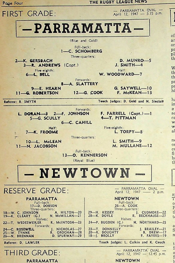 The line-ups from Parramatta’s first game, against Newtown, in in 1947.