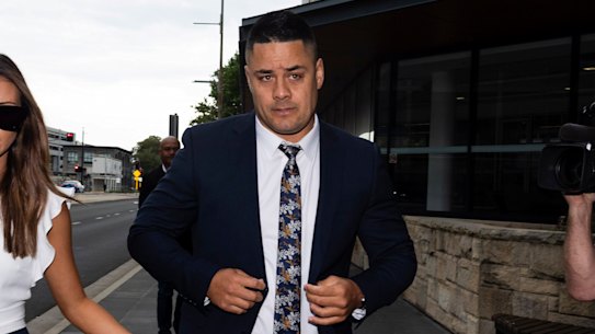 Jarryd Hayne arrives at court in Newcastle on Monday.