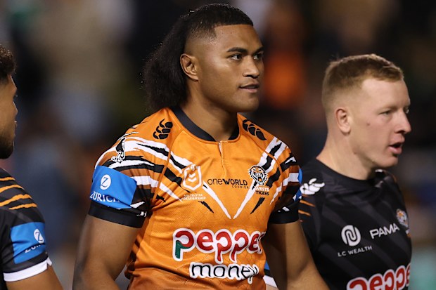 SYDNEY, AUSTRALIA - APRIL 23: Samuela Fainu of the Wests Tigers warms up before the round eight NRL match between the Wests Tigers and Canberra Raiders at Leichhardt Oval on April 23, 2026 in Sydney, Australia. (Photo by Cameron Spencer/Getty Images)